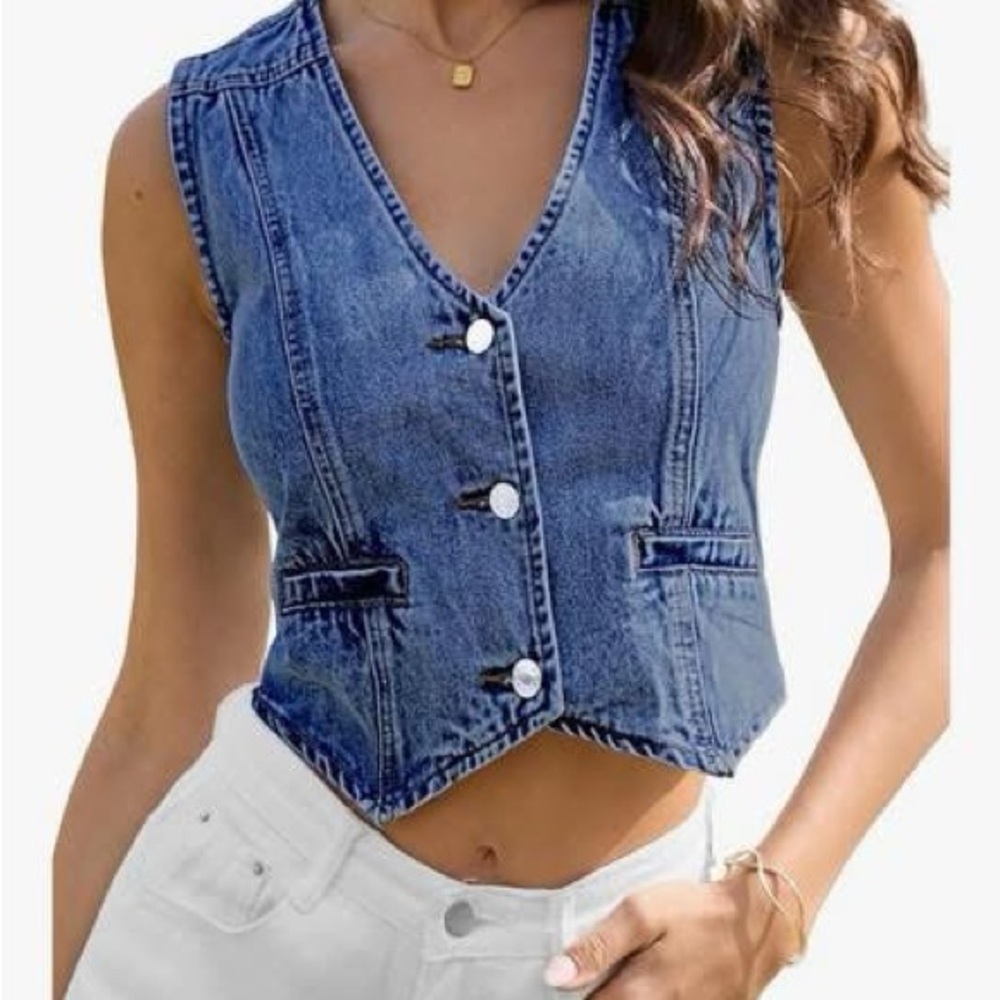 Eleven Blue Denim V-Neck Button Front Vest